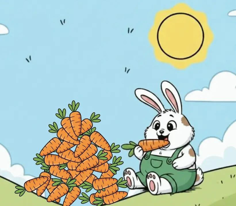 Erste Timer-Animation: Ein Hase isst einen Berg Karotten auf